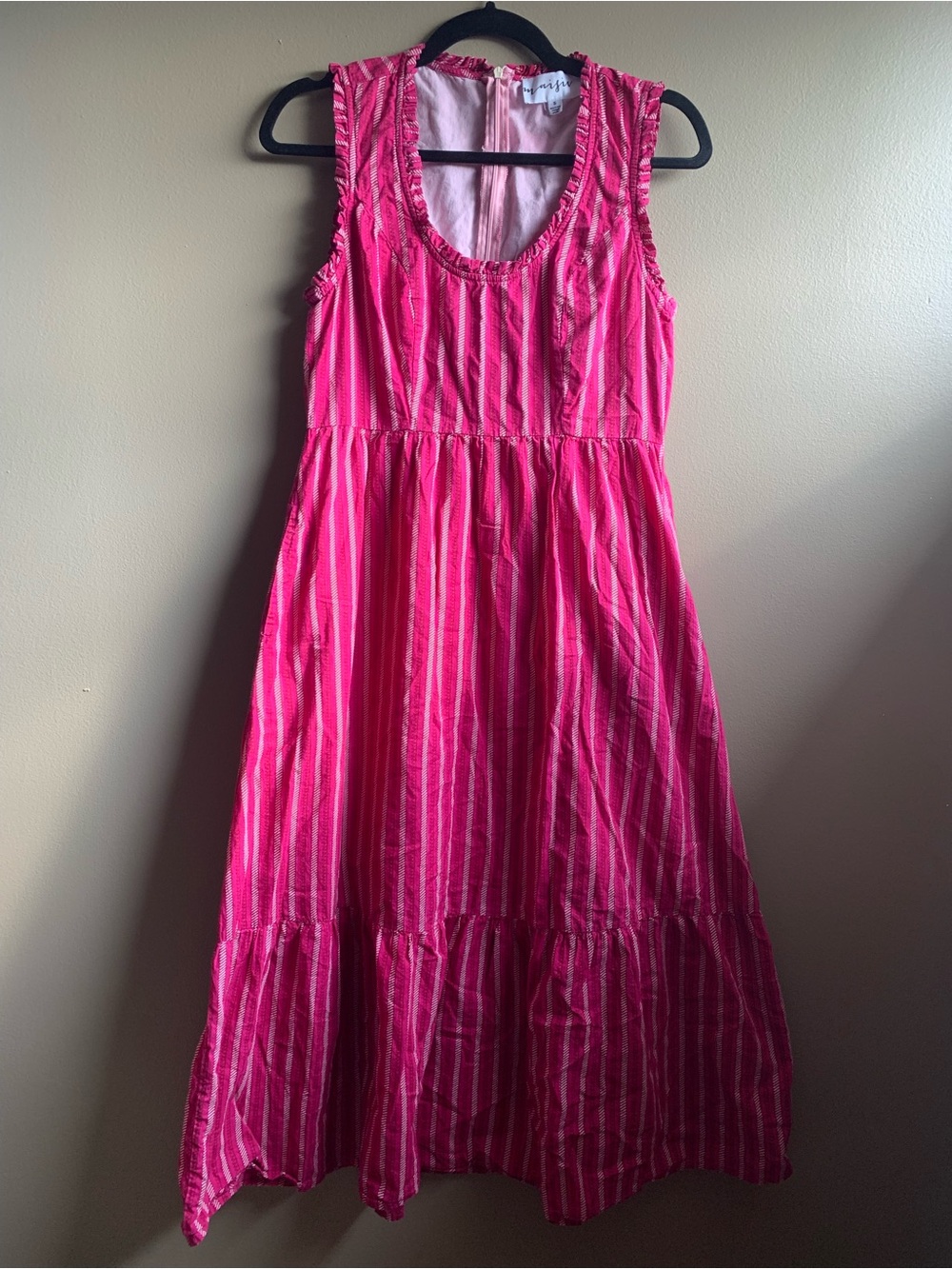 Maisie Women's Berry Pink Striped Sleeveless Tiered 100% Cotton Midi Dress
